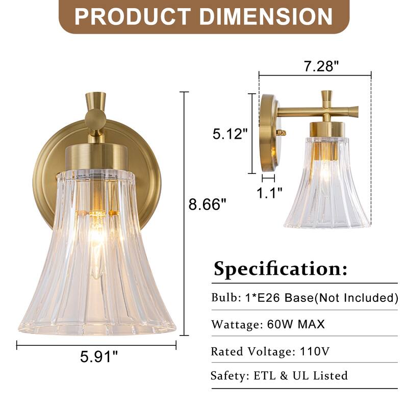 Gold Metal Wall Sconce Ribbed Trumpet Glass Shade for Bathroom Vanity