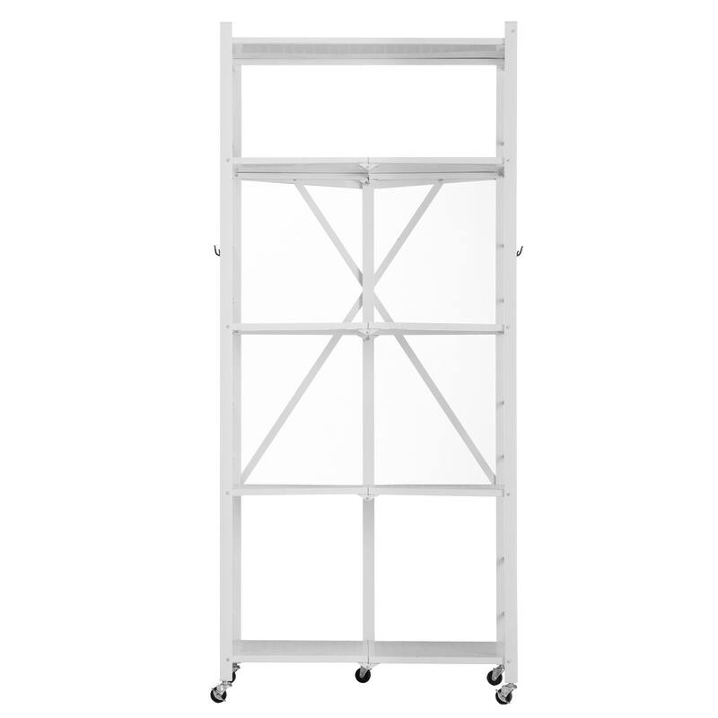 White Carbon Steel Folding Garage Storage Shelf with 5 Swivel Wheels and J-Hooks - 15 x 28 x 64 in - White