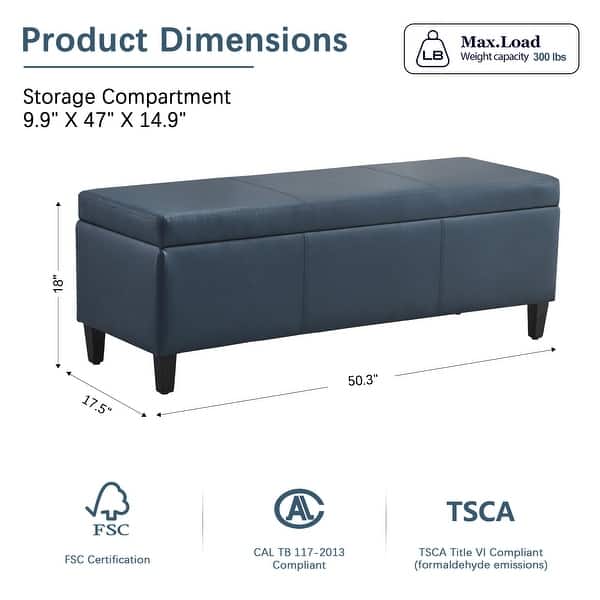 dimension image slide 5 of 7, 50.3" x 17.50" x 18" Upholstered Rectangular Storage Ottoman-Faux Leather