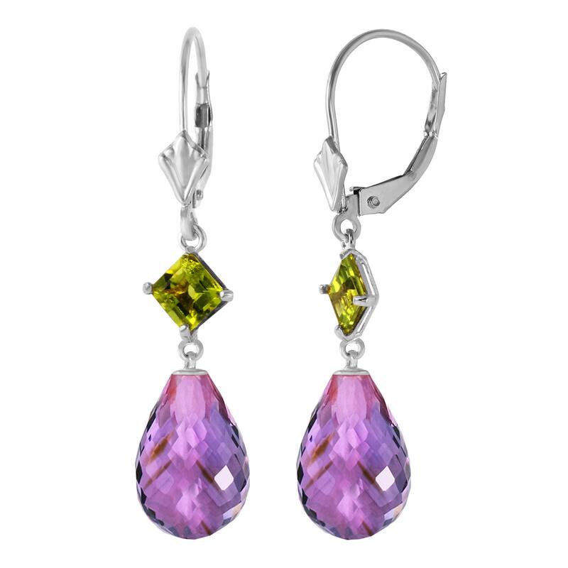 14K Solid Gold Leverback Gemstone Earrings w/ Peridots & Amethysts - White