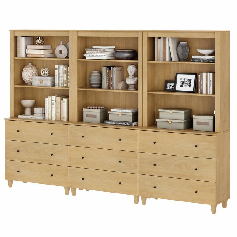 Modern 71" Tall Bookcase with Drawers & Open Shelves for Home Office - 3 Column 3-Tier - Oak Wood
