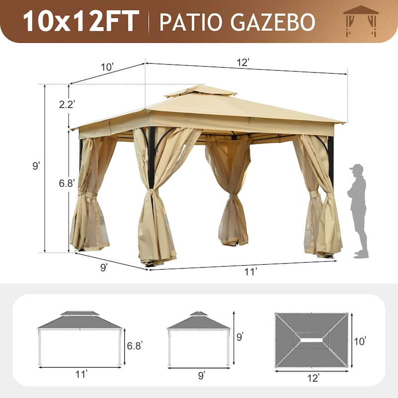 10x12 Outdoor Gazebo Tent with Double Roofs, Patio Gazebo with Mosquito Netting and Privacy Screens, for Backyard, Garden