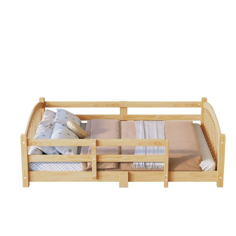 Roomfitters Montessori Floor Bed with Guardrails, Solid Wood Low Platform Bed with Slats, Easy Assembly