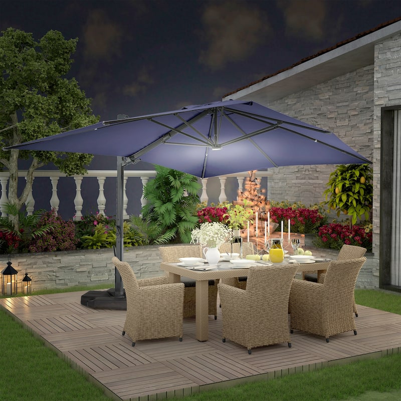 10 x 13ft Patio Rectangular Cantilever Market Umbrella with Lights(Without Based) - Navy Blue