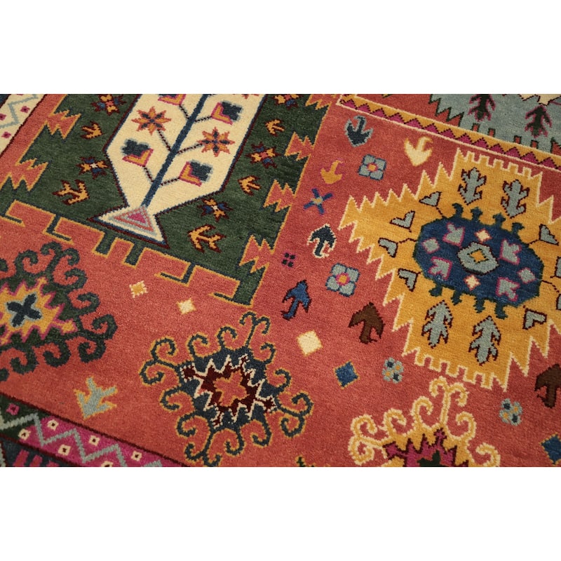 Hand Knotted Oriental 100% Wool Carpet Traditional Geometric Oranges & Rust Kazak Area Rug - 11' 10'' X 9' 0''