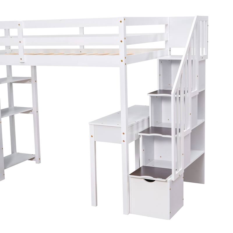Wood Twin Size Loft Bed with Desk, Storage Stairs, Drawers and Shelves, Solid Wood Twin Bedframe Multi-Functional High Loftbed