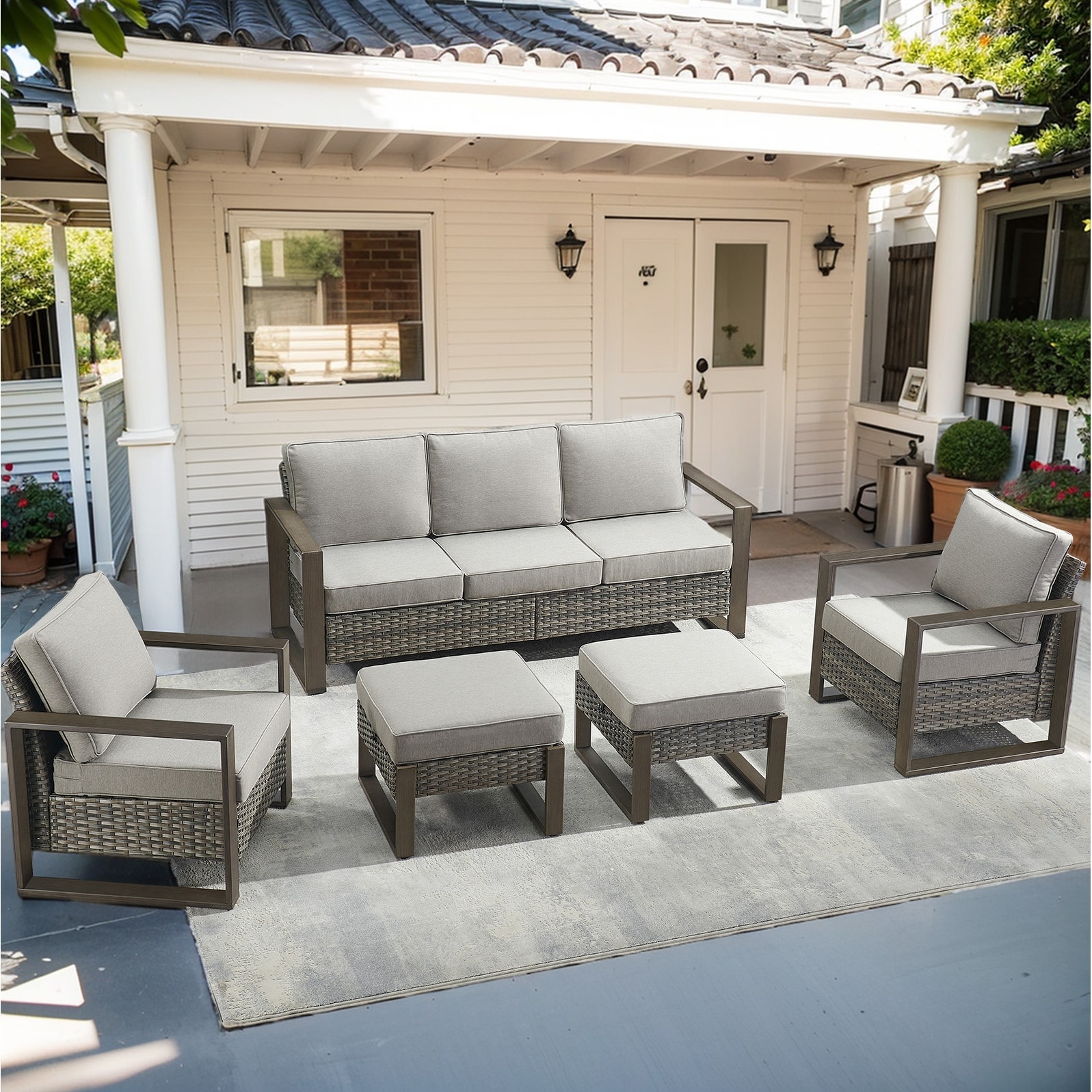 Outdoor Sectional Sofa with Ottoman and Club Chair - Grey