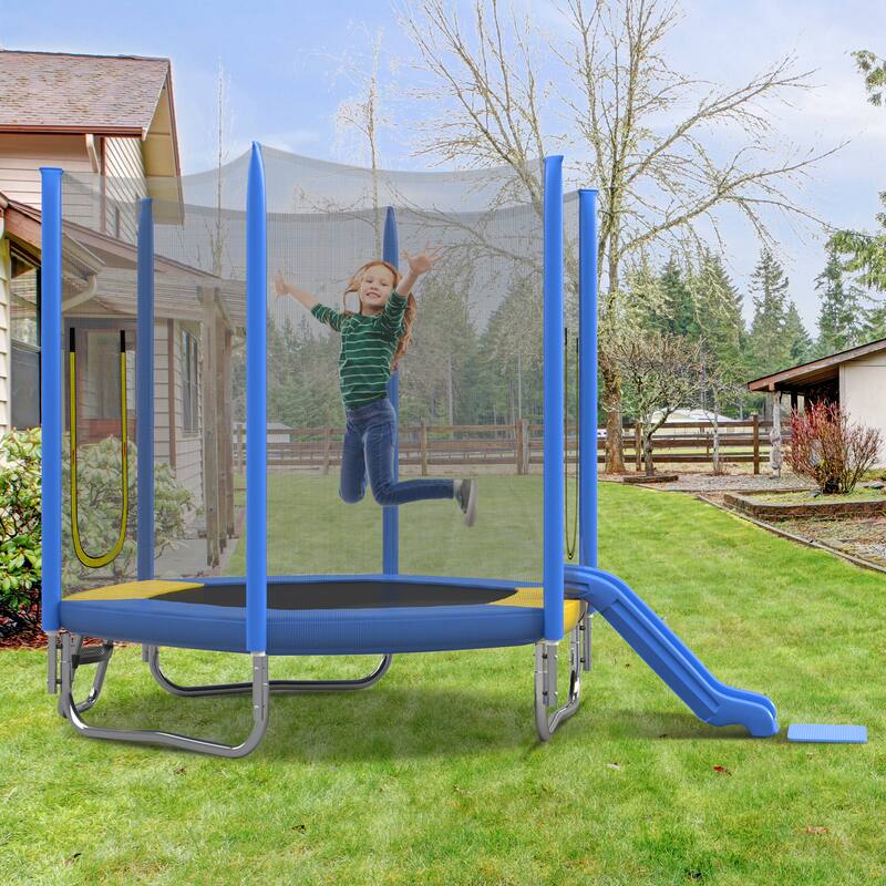 7FT Trampoline with Safety Enclosure Net, Slide and Ladder, Easy Assembly ,Regular Hexagon Outdoor Recreational Trampoline - Blue