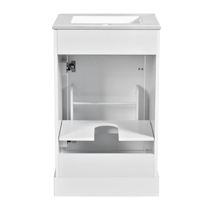 Small Freestanding Cabinet Bathroom Vanity with Water-drop Shaped Metal Pulls, Door-Mounted Storage Rack and Adjustable Shelf