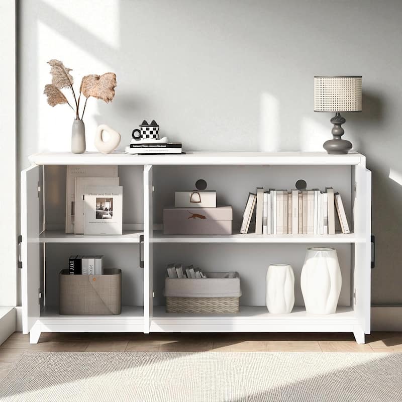 Modern 59" TV Stand for TVs up to 65", Entertainment Center with 2 Cabinets, Adjustable Shelves, Solid Wood Legs