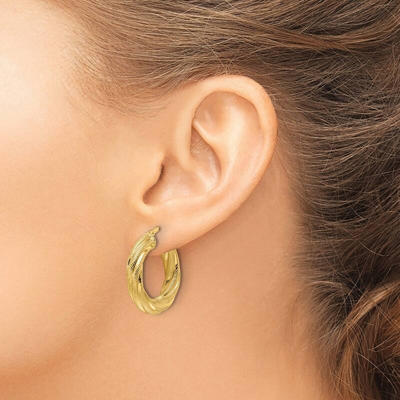 Curata 14k Yellow Gold Polished Textured Twist Round Hoop Earrings - 24.9x23.6mm