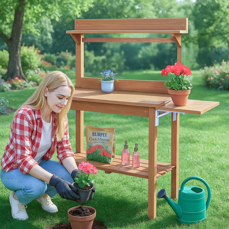 Natural Wooden Multi-Level Garden Potting Station with Foldable Side Pallet and Storage Shelf for Tools