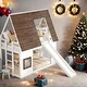 preview thumbnail 1 of 12, Twin over Twin Wood House Bunk Bed With Roof,Ladder And Slide for Bedroom White+Brown