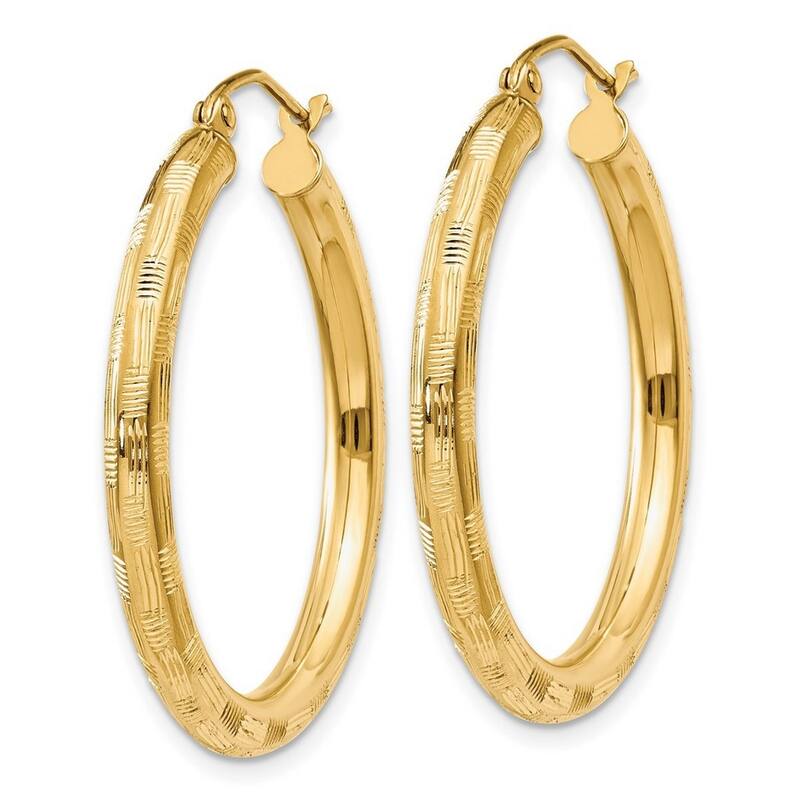 Curata 14k Yellow Gold Textured Checkerboard 30x3mm Hoop Earrings