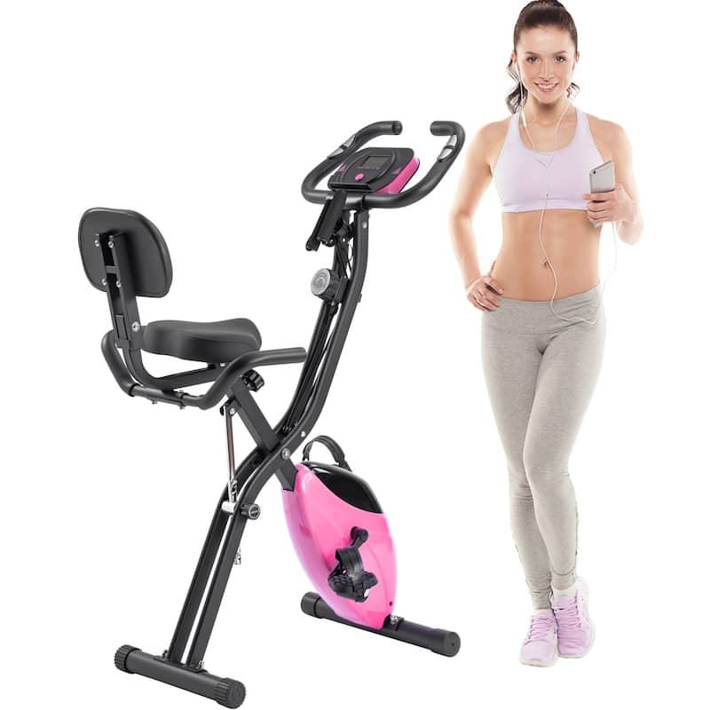 Folding Exercise Bike, Fitness Upright and Recumbent X-Bike with 16-Level Adjustable Resistance, Arm Bands and Backrest - Pink