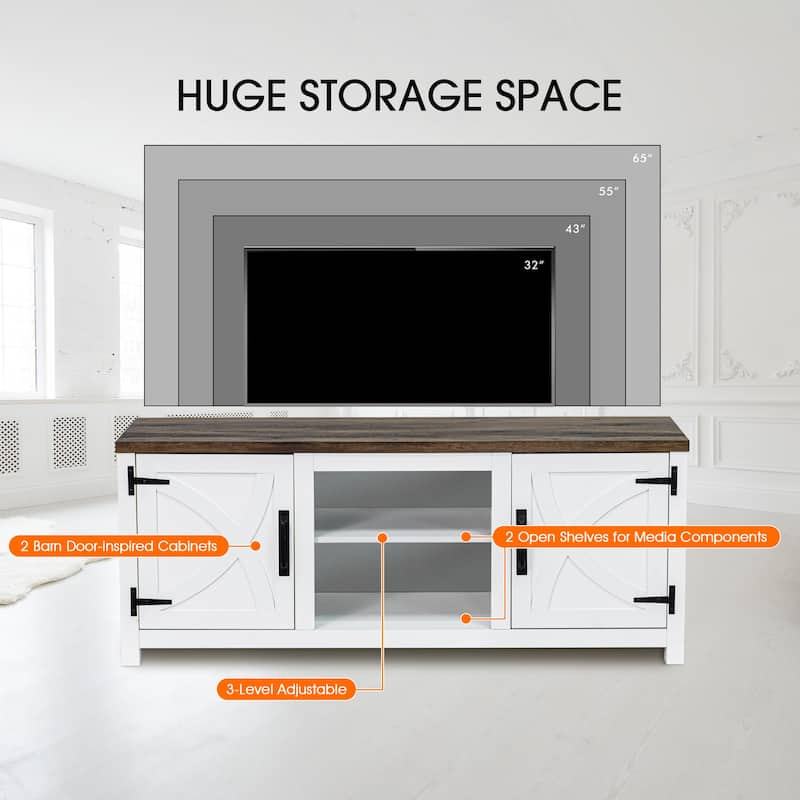 58-inch Farmhouse White Media Console TV Stand for TVs up to 65" with Door and Open Shelves