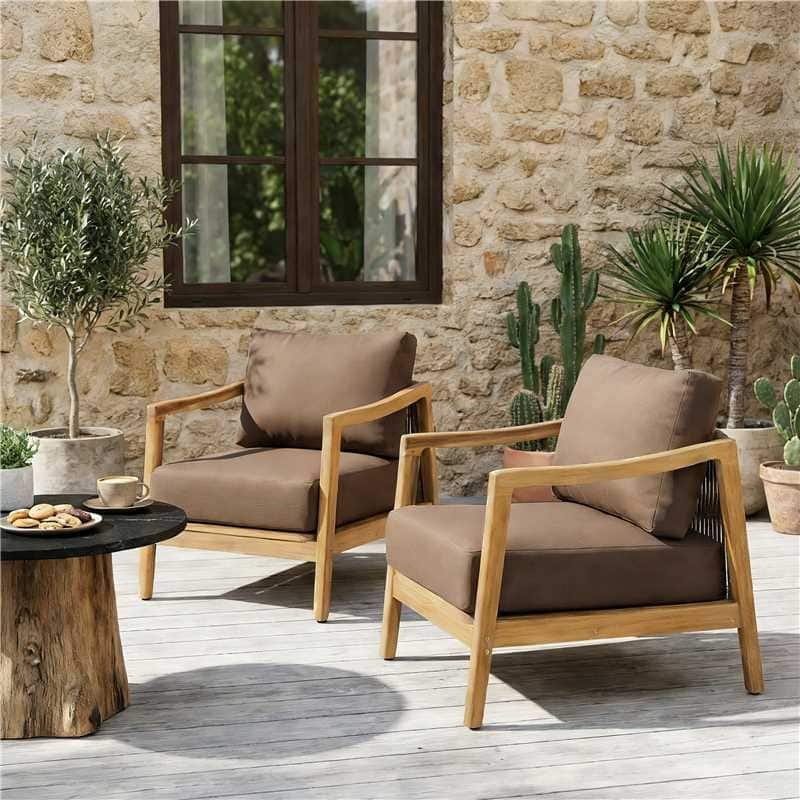 Christopher Knight Home - Outdoor Acacia Wood Club Chair with Rope Back and Water-Repellent Cushions - Set of 2 - Brown+Teak