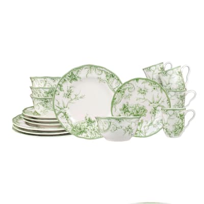 222 Fifth Adelaide Moss 16-Piece Porcelain Dinnerware Set - Service for 4, Green Plates, Bowls & Mugs