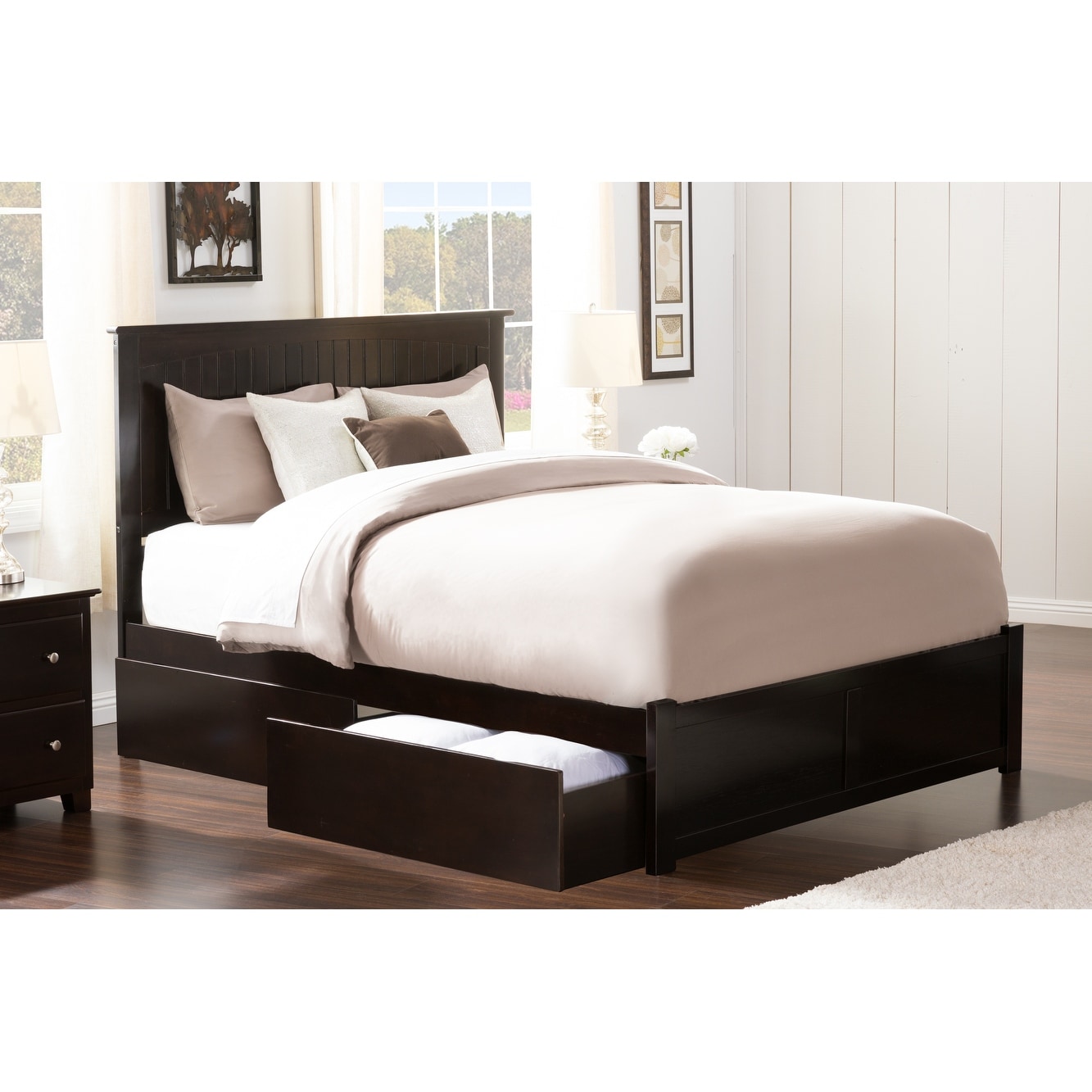 Nantucket King Solid Wood Platform Bed with Footboard & 2 Storage Drawers in Espresso