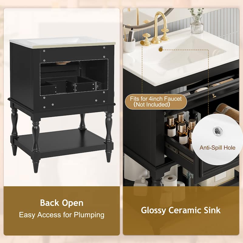 24" Bathroom Vanity with Ceramic Sink, Bathroom Storage Cabinet with Open Shelf, Retro Design Bathroom Cabinet with 2 Drawers