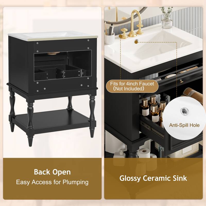 24" Retro Bathroom Vanity with Ceramic Sink & 2 Drawers - Solid Wood Storage Cabinet with Open Shelf