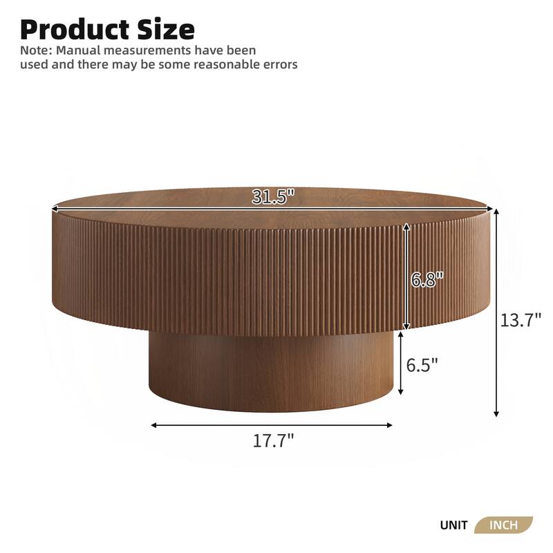 Round Coffee Table with 6.8" Thick Tabletop, Modern Drum End Table
