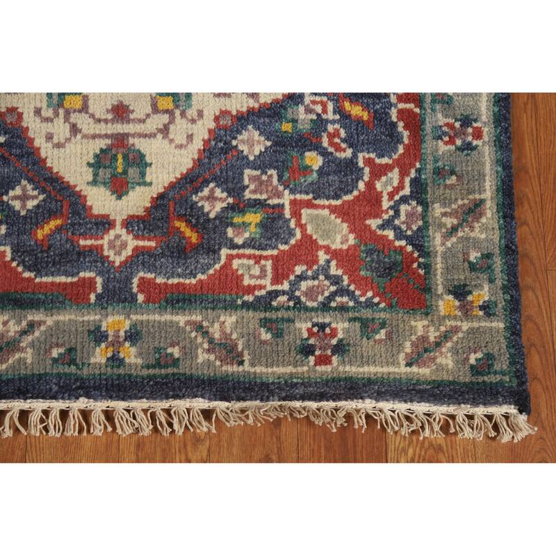 Hand Knotted Oriental 100% Wool Carpet Traditional Floral Navy Blue & Blues Heriz (serapi) Runner Rug - 8' 1'' X 2' 7''