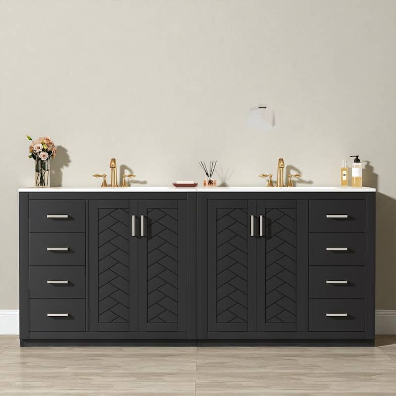 72" Solid Wood Bathroom Vanity with Dual Ceramic Sinks, Freestanding Double Sink Cabinet with Drawers and Soft-Closing Doors - Black
