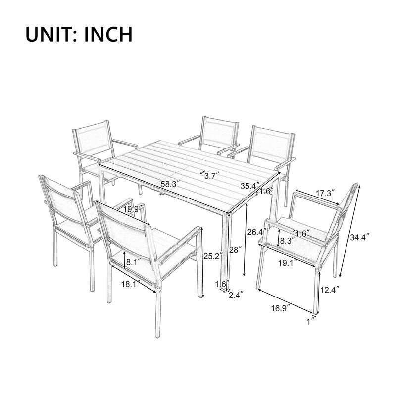 7 Pcs Outdoor Steel Dining Table and Chair Set, All Weather Patio Furniture Set with Rectangular Table and 6 Dining Chair