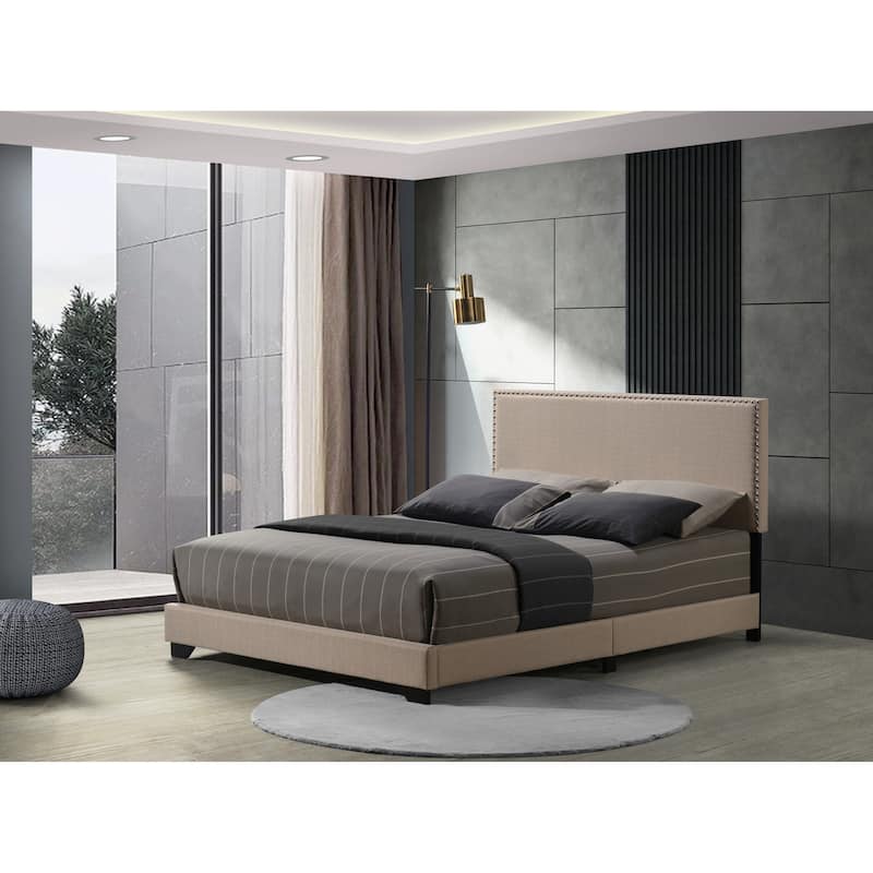 Queen Size Fabric Upholstered Platform Bed with Nailhead Trim and 660lbs Capacity - Beige