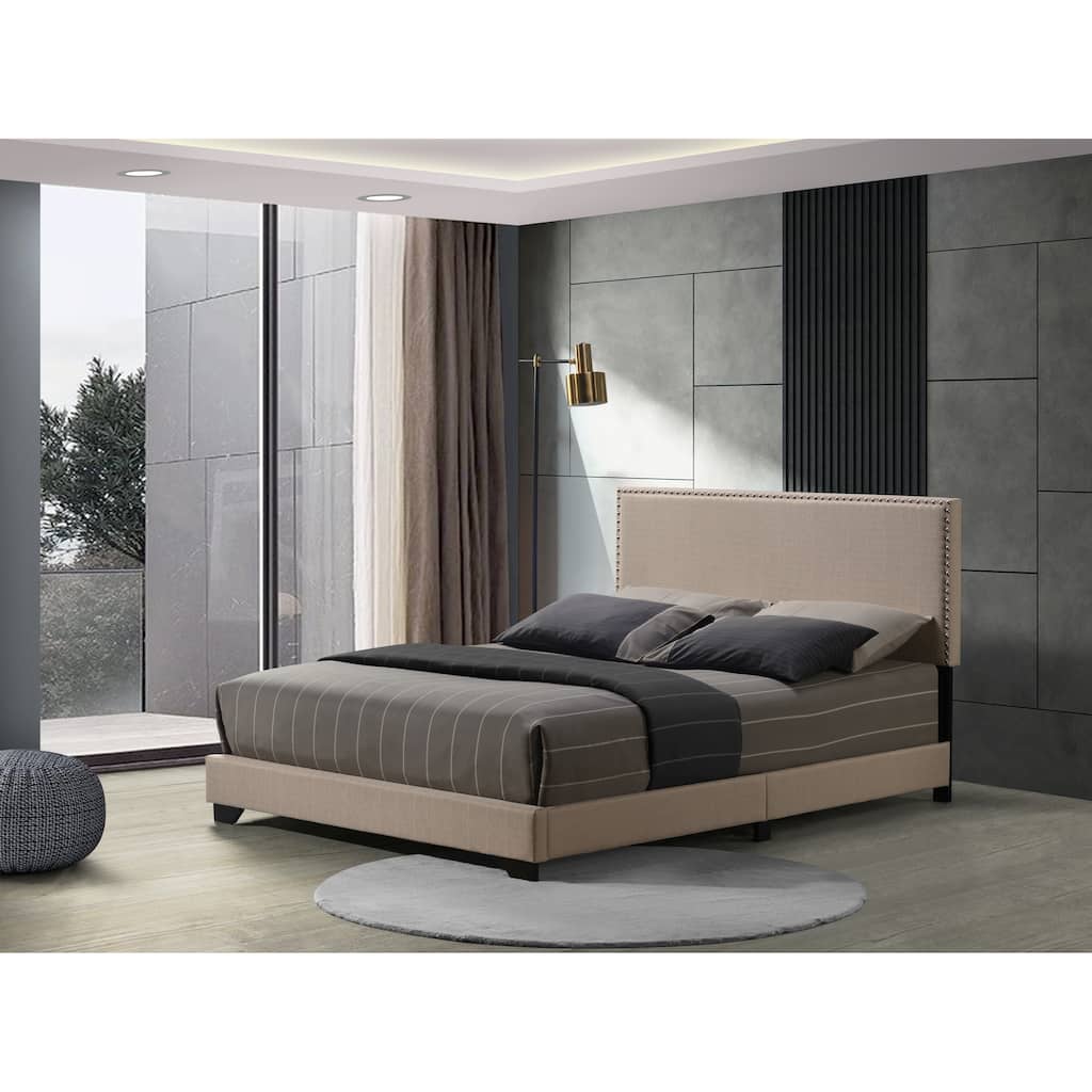 Queen Size Fabric Upholstered Platform Bed with Nailhead Trim and 660lbs Capacity