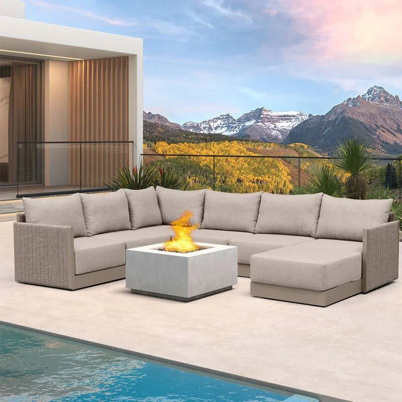 PURPLE LEAF Santorini 4-10 Piece Khaki Patio Sectional Sofa Set with Ottoman Cushions Poolside Garden Outdoor Conversation Sets - 7-Piece