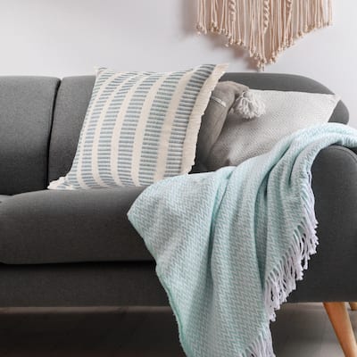 Sevita Hand-Woven Medium Blue/Ivory Striped Polyester Indoor/Outdoor Throw Pillow.