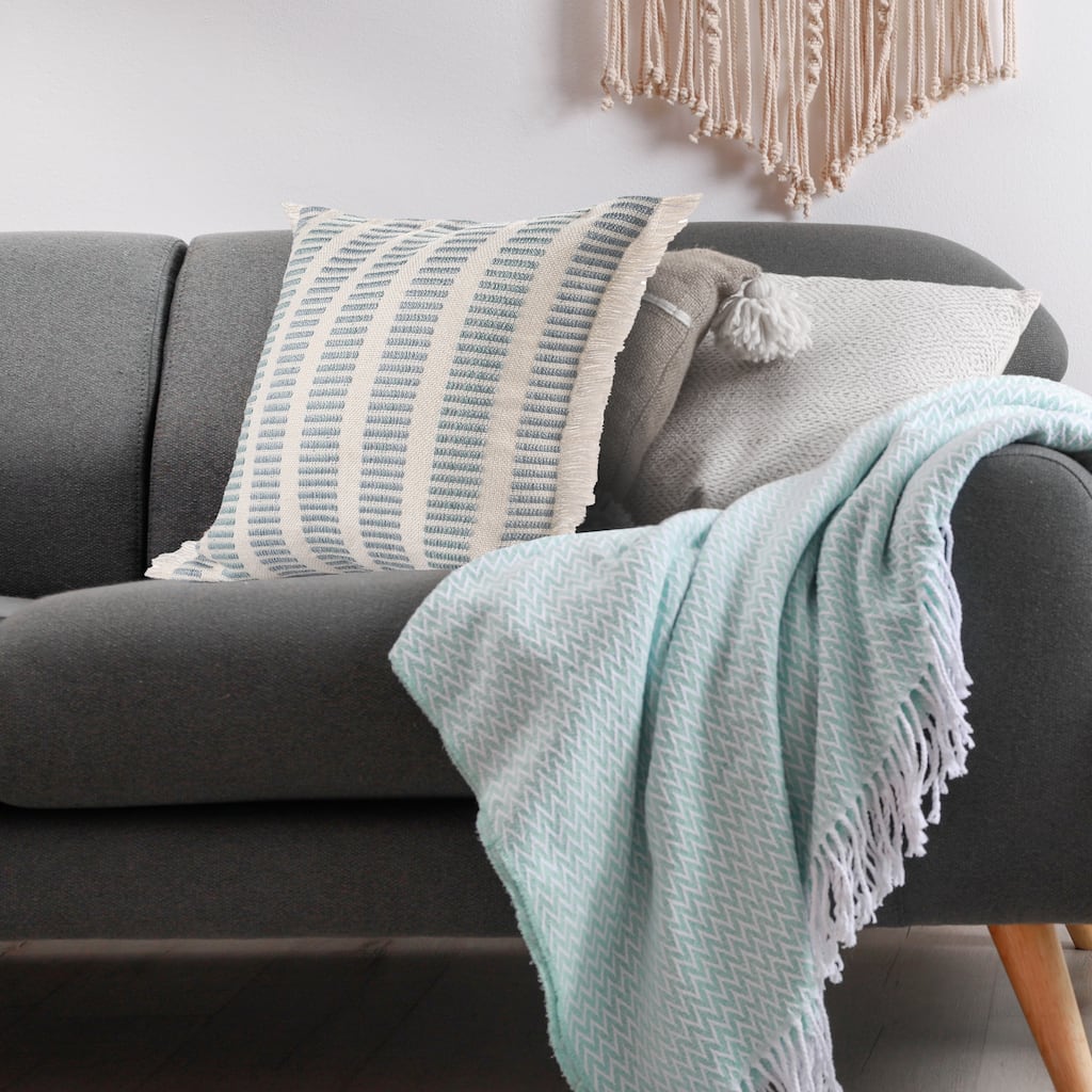 Sevita Hand-Woven Medium Blue/Ivory Striped Polyester Indoor/Outdoor Throw Pillow.