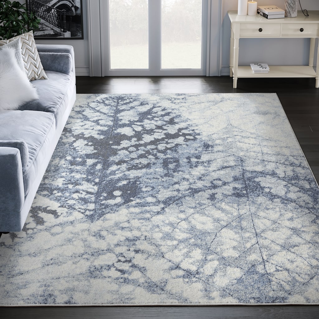 Abani Cruz Contemporary Leaf Print Blue Indoor Area Rug