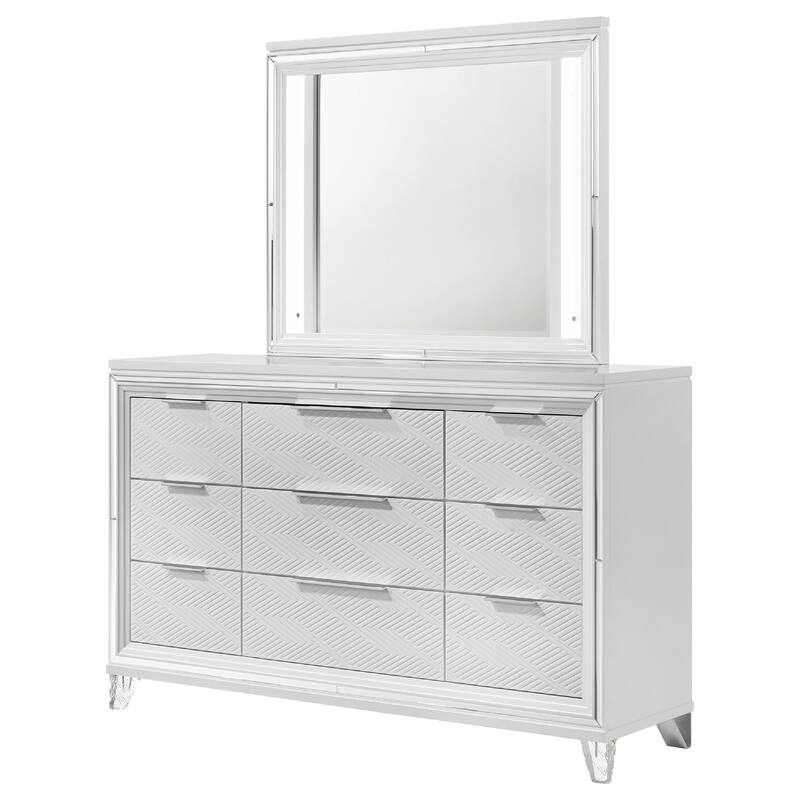 Mory Wide Dresser with LED Mirror, Touch Light, 9 Drawers, White Wood