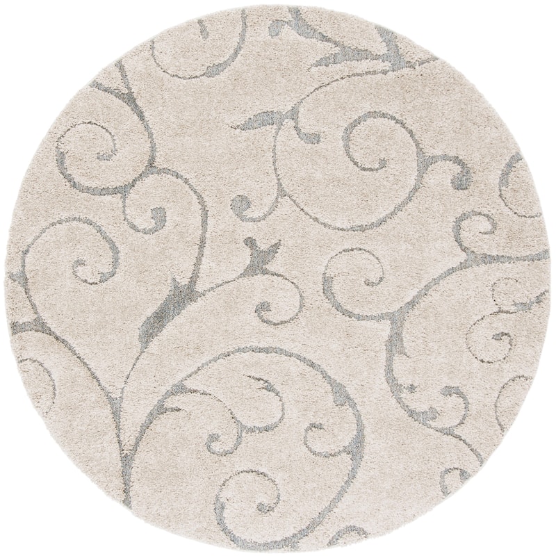 SAFAVIEH Florida Shag Shahin Scroll 1.2-inch Thick Textured Rug - 4' Round - Beige/Blue Grey