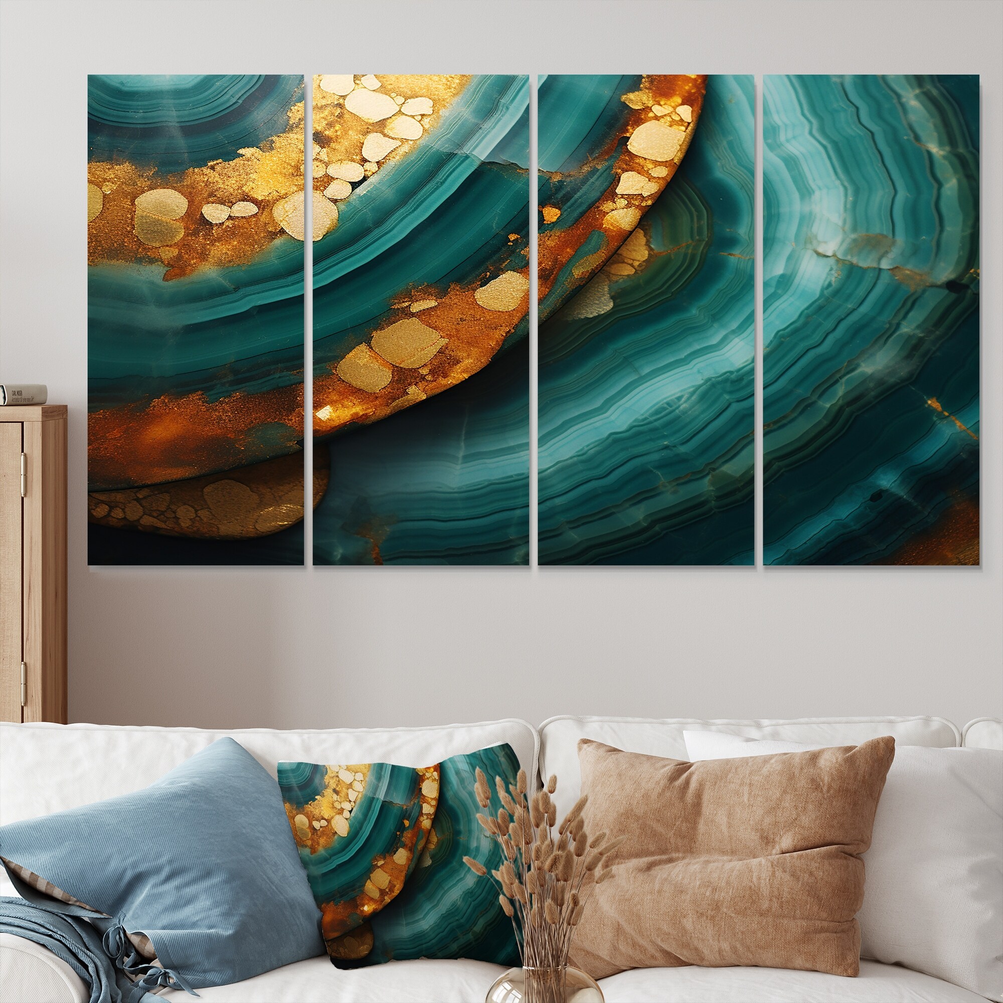 Designart - Agate Indigo Gold Waves - Marble Extra Large Wall Art Set Of 4  - Oversized Modern Wall Decor 4 Pieces, image size:2000x2000