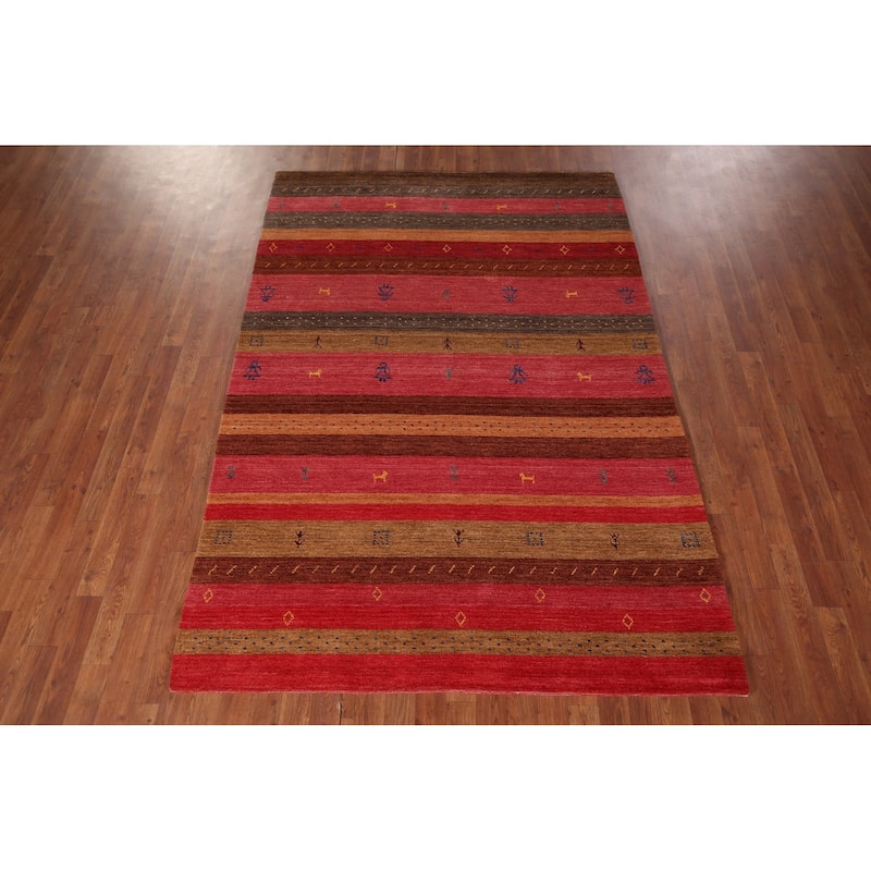 Striped Pink Gabbeh Indian Area Rug Hand-Knotted Wool Carpet - 5'4"x 7'9"