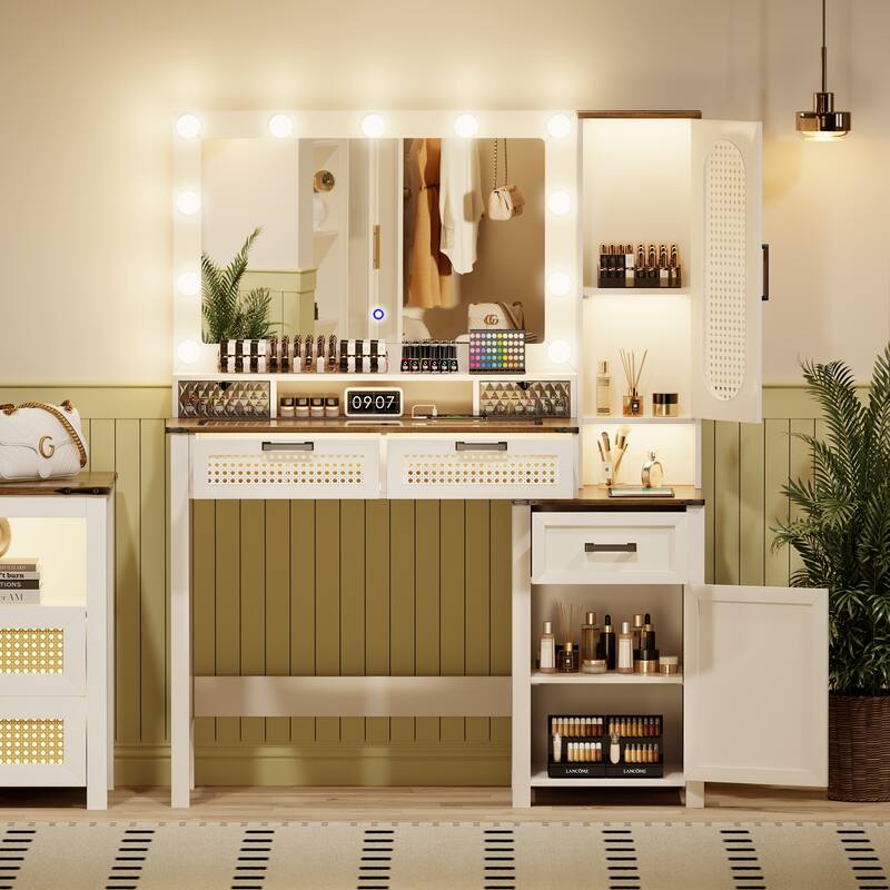 Makeup Vanity With LED Light and Charging Station - Antique White