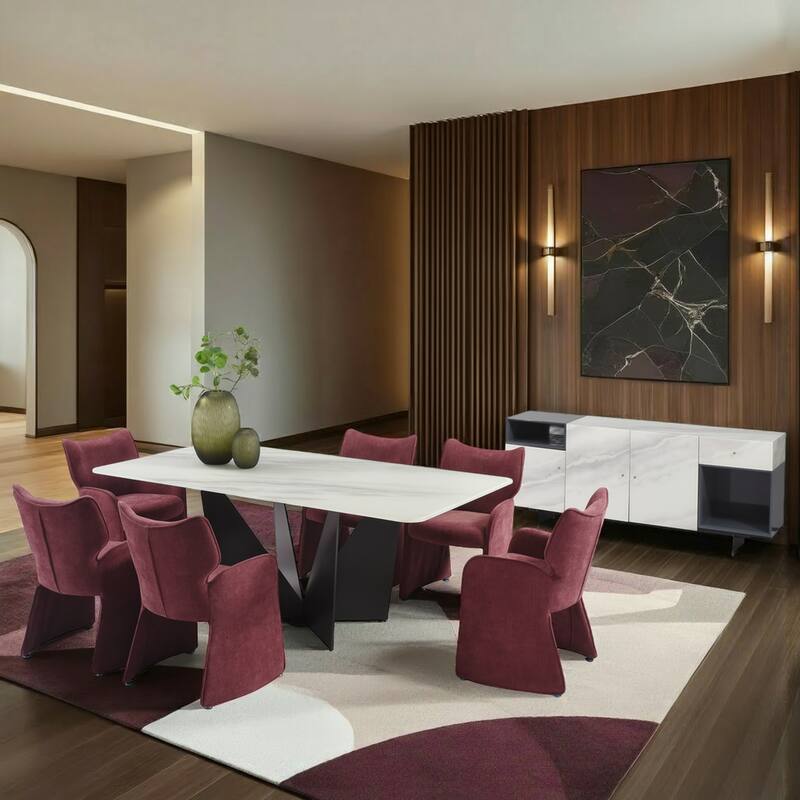 Olivia Modern 8-Piece Dining Set with Tempered Glass Table, Upholstered Armchairs, and 3-Door Sideboard - Plum