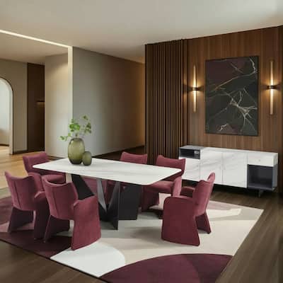Olivia Modern 8-Piece Dining Set with Tempered Glass Table, Upholstered Armchairs, and 3-Door Sideboard
