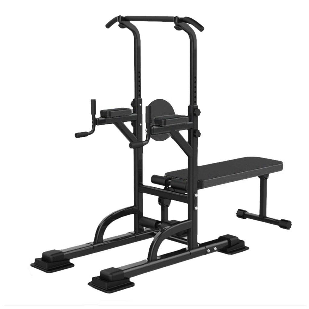 Rugged Power Tower Dip Station Removable Backrest Folding Decline Sit-Up Bench Adjustable Height Workout Black