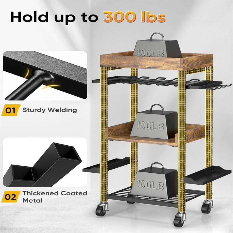 4 Tier Rolling Cart Stackable Fruit Vegetable Basket with Wheels and 2 Hanging Basket - 11.75"D x 15.75"W x 33"H
