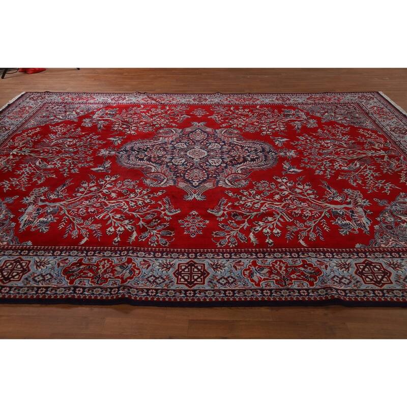 Machine Made Oriental Polyester Carpet Traditional Floral Red Kashan Area Rug - 12' 7'' X 9' 8''
