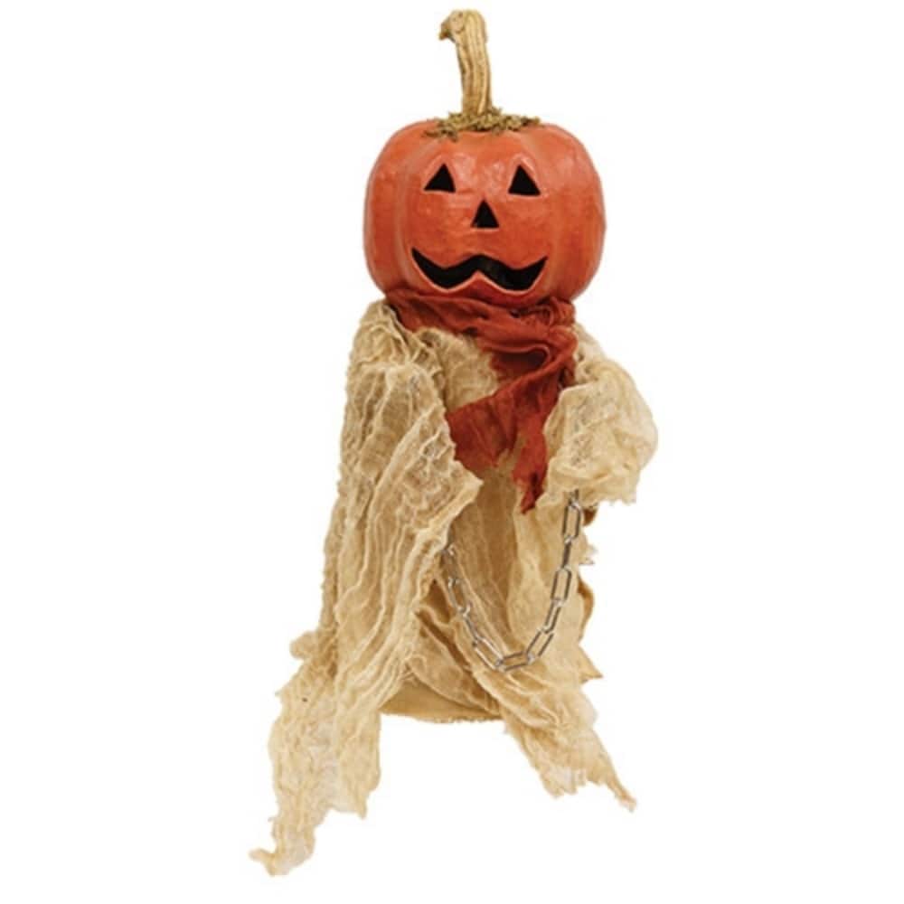 12 Inch Halloween Pumpkin Ghost Figure with Gauzy Cloak Rustic Jack O Lantern Table Decor - 12" H x 4.25" dia