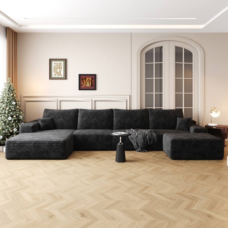 Corduroy Upholstered U-shaped Sectional Sofa with Chaise and Ottoman - Black