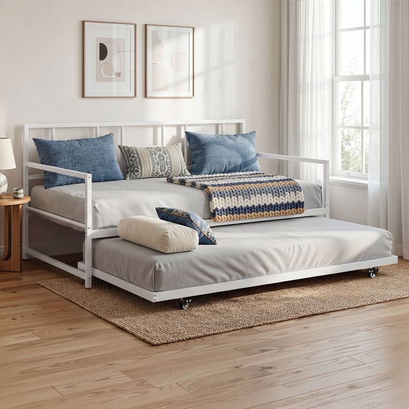 Moasis Twin Daybed with Pull Out Trundle, Metal Trundle Bed