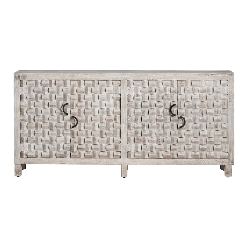 71 in. White Solid Wood 4 Door Media Credenza_Sideboard