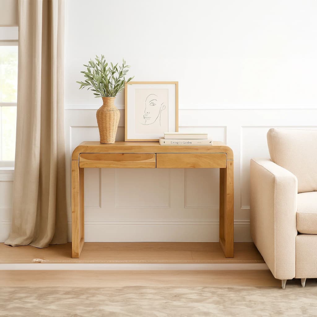Arlow Console Table 43" Wide Top Handcrafted Natural Brown Acacia Wood Dual Drawer Storage